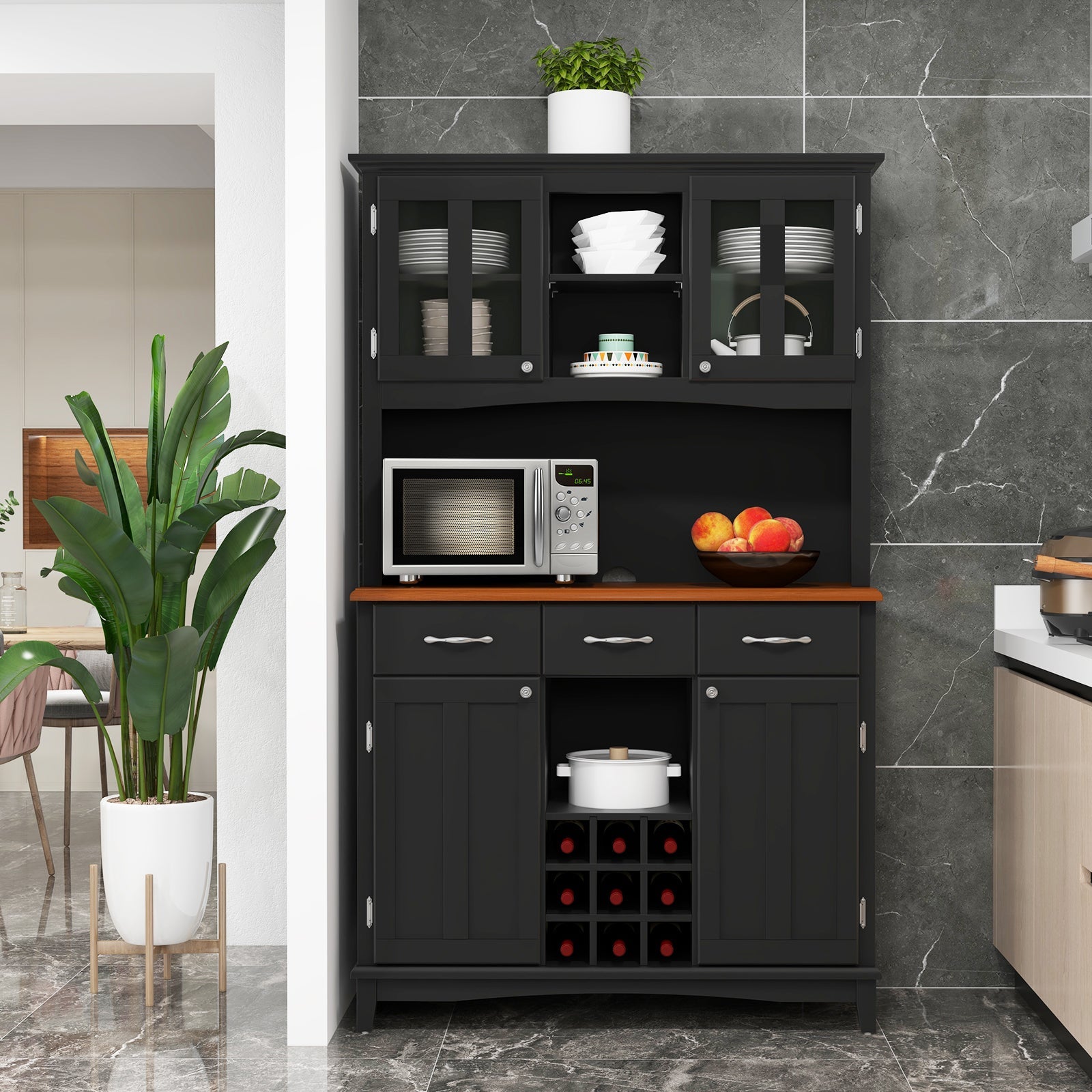 Black kitchen cupboard with adjustable 3-position shelves glass-front cabinets wooden countertop and wine rack design