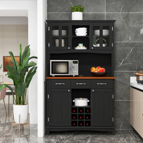 Black kitchen cupboard with adjustable 3-position shelves glass-front cabinets wooden countertop and wine rack design