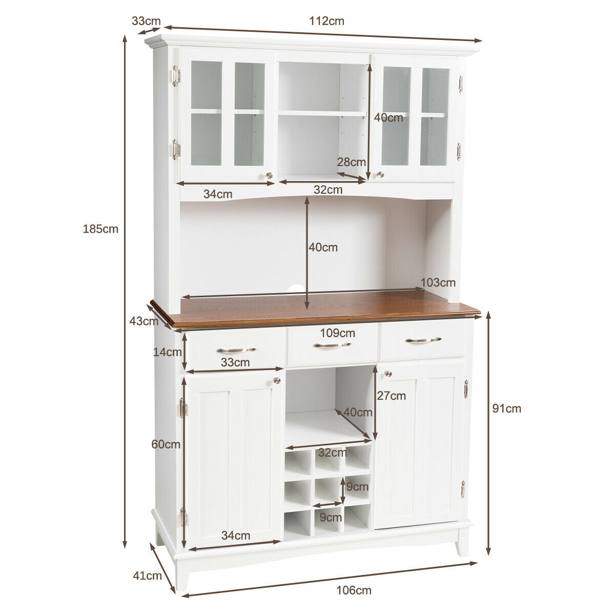 White painted wooden kitchen cupboard with warm brown countertop and glass doors featuring 3-position adjustable shelves