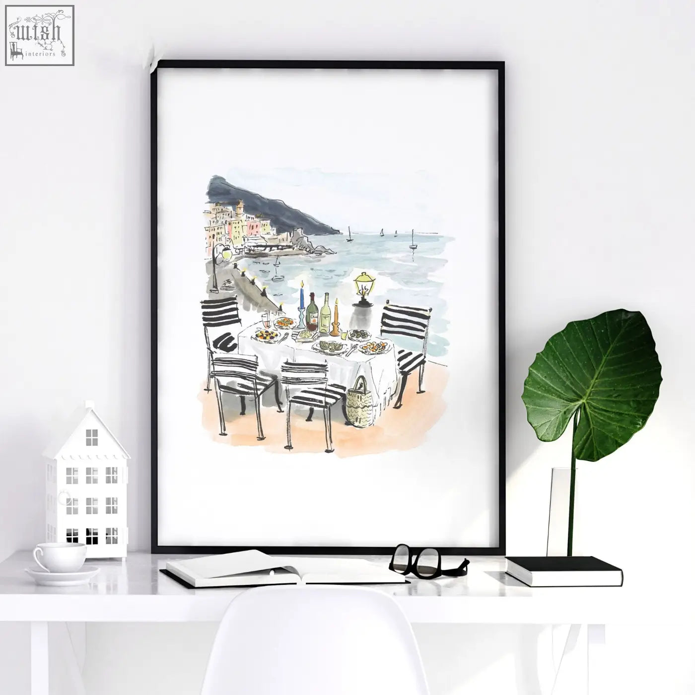 Black-framed kitchen painting sole di amalfi mediterranean coastal watercolor print of seaside dining with striped chairs and lantern