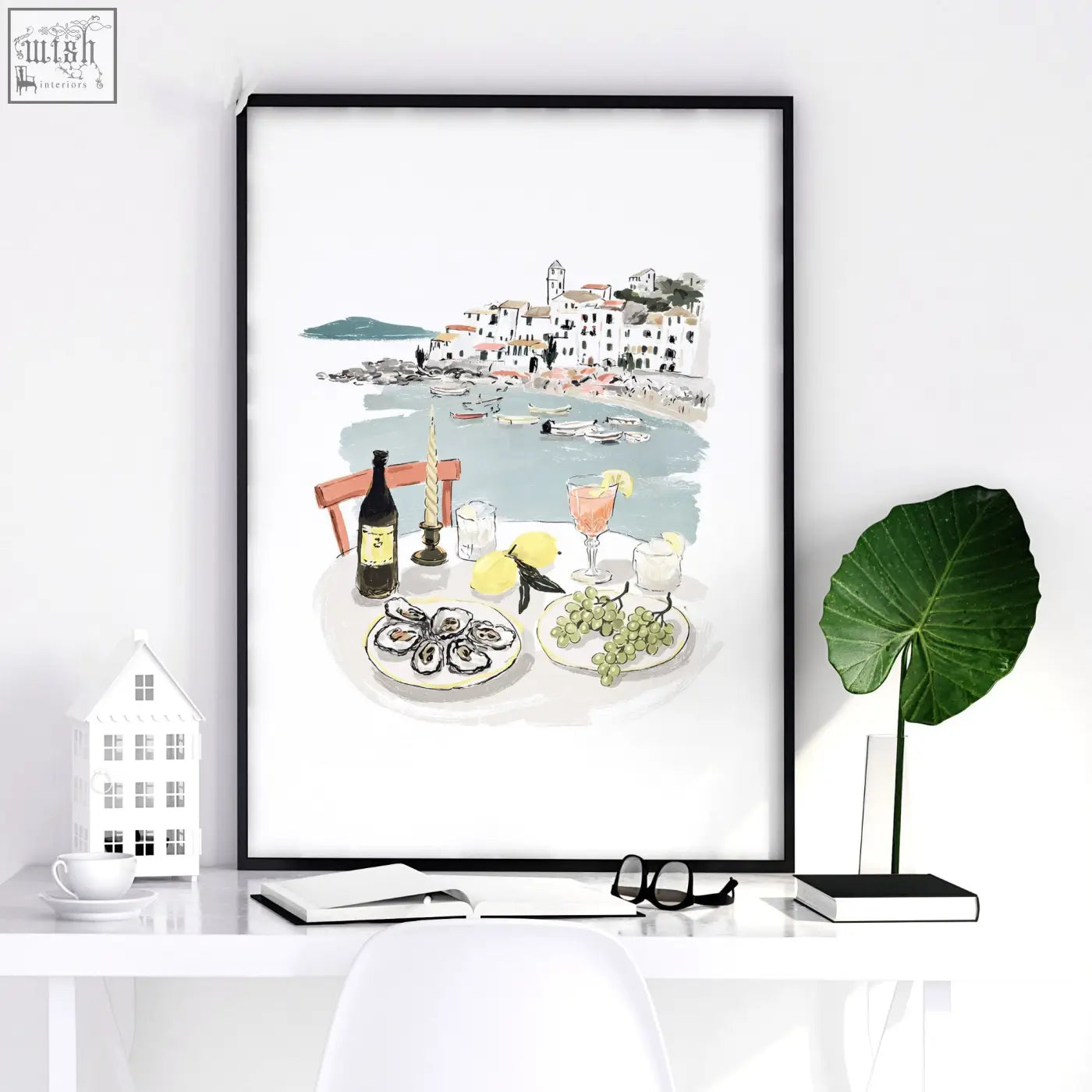 Black framed kitchen painting sole di amalfi mediterranean coastal watercolor print of oysters grapes wine and cocktails on table