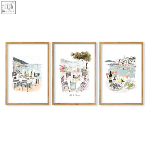 Set of three kitchen paintings sole di amalfi mediterranean coastal watercolor prints in light tones with wooden frames