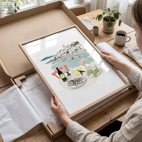 A framed kitchen painting sole di amalfi featuring a mediterranean coastal watercolor of seafood and wine in light wood frame