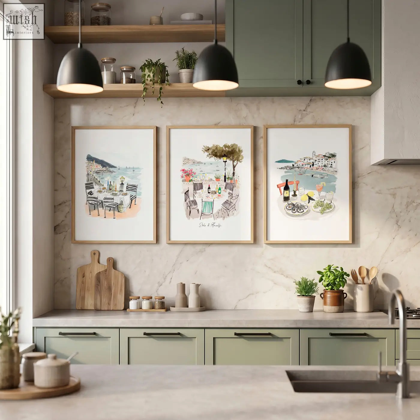 Three framed sole di amalfi kitchen paintings with mediterranean coastal watercolor prints above cabinets