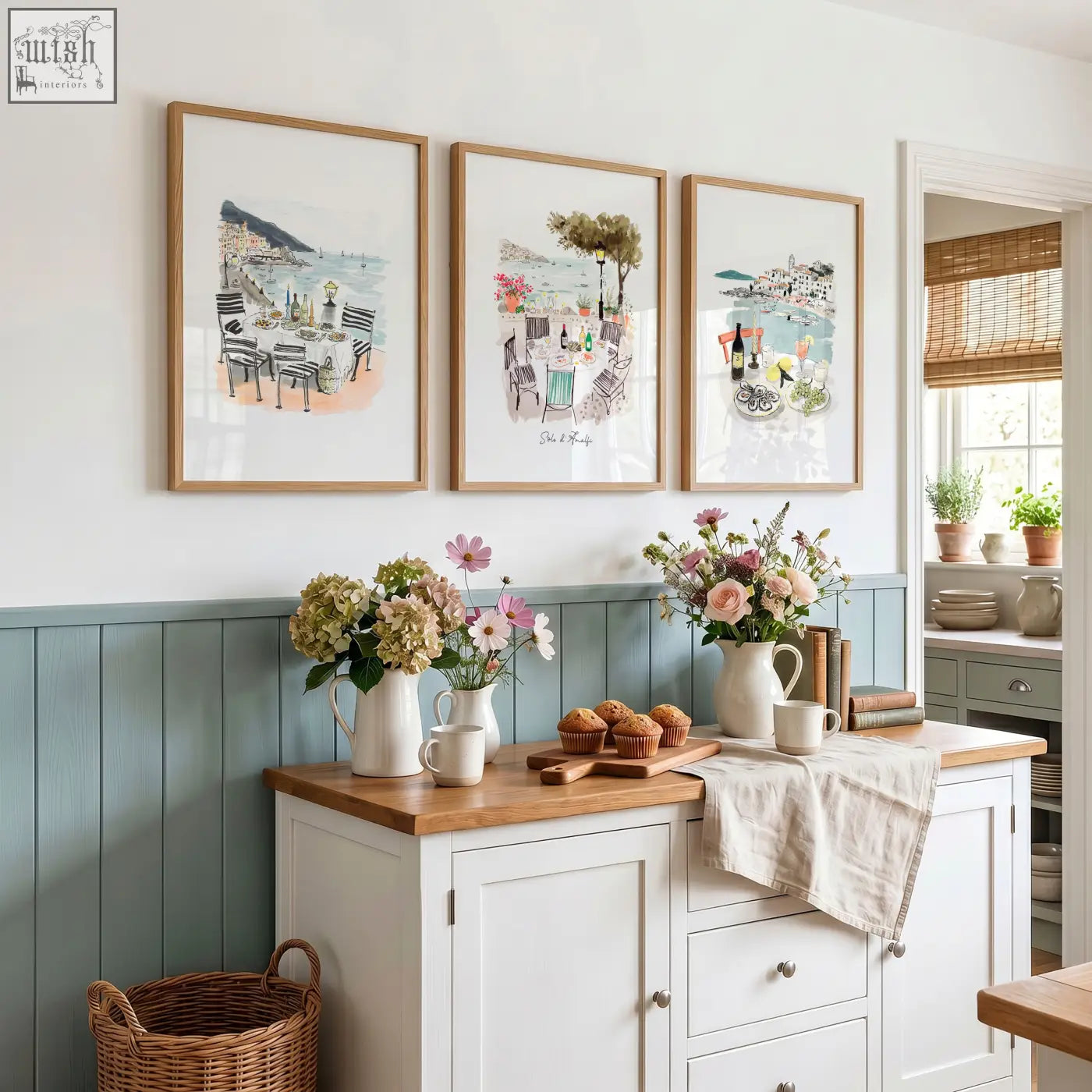 Three framed kitchen paintings sole di amalfi mediterranean coastal watercolor prints in soft pastel tones