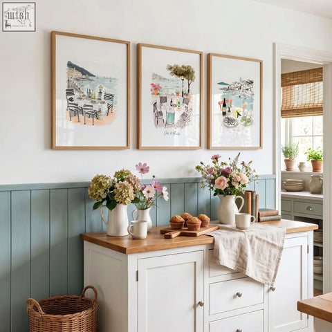 Three framed kitchen paintings sole di amalfi mediterranean coastal watercolor prints in soft pastel tones