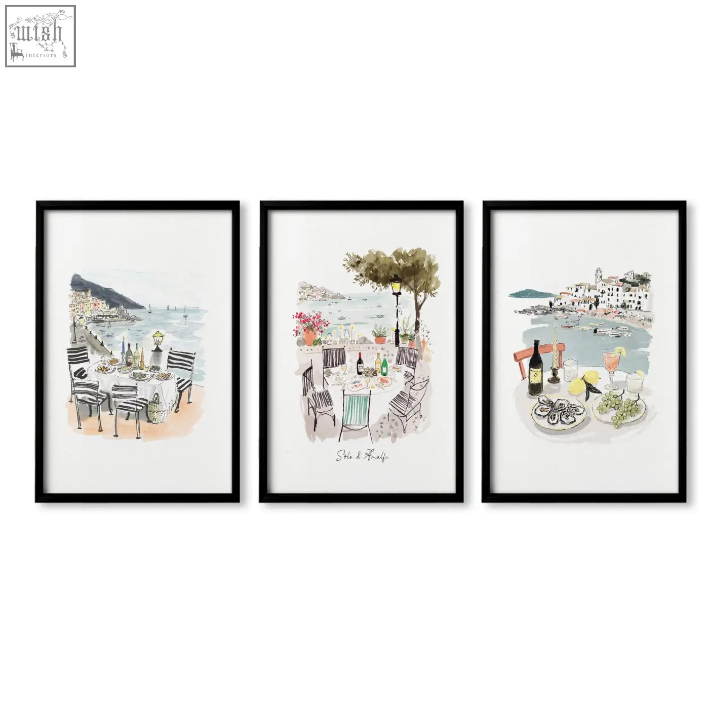 Set of three framed kitchen paintings sole di amalfi mediterranean coastal watercolor prints with seaside tables and chairs