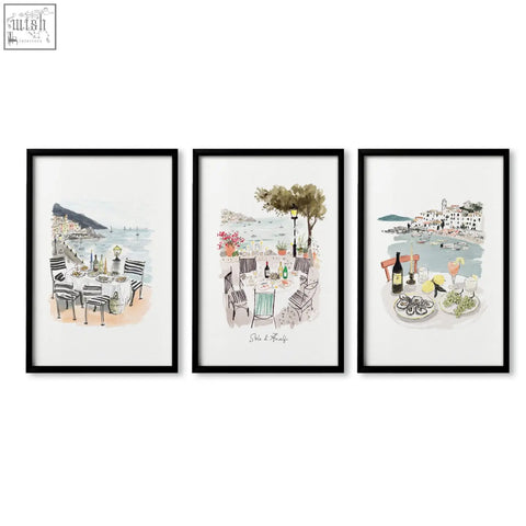 Set of three framed kitchen paintings sole di amalfi mediterranean coastal watercolor prints with seaside tables and chairs