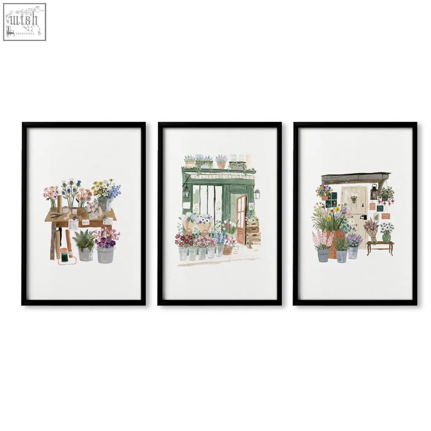 Set of three black-framed watercolor kitchen prints featuring flower shop illustrations perfect for a country cottage wall art