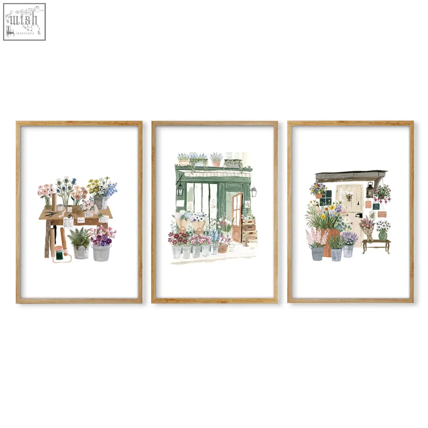 Set of 3 kitchen prints featuring charming flower shop scenes in pastel colors with rustic wooden country cottage frames