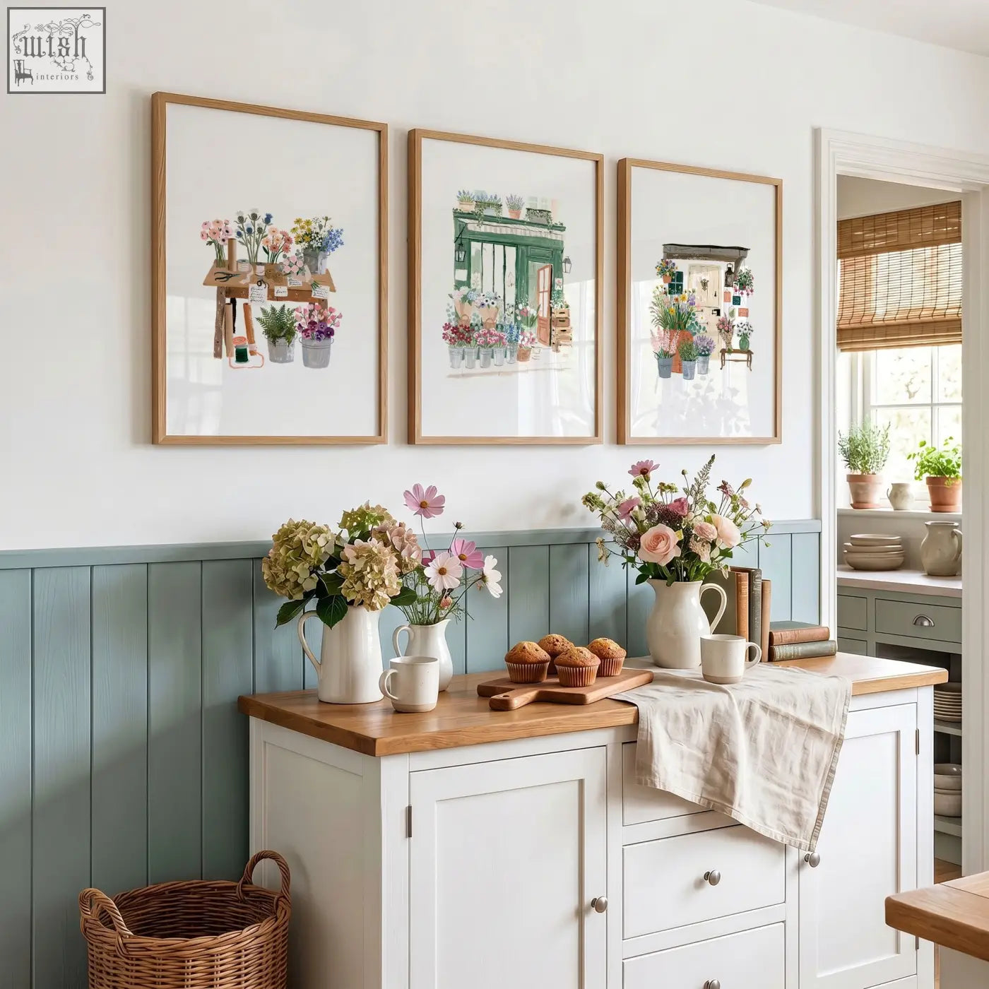 Three framed botanical kitchen prints in light wood frames with floral arrangements for a country cottage flower shop look