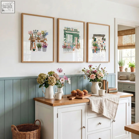 Three framed botanical kitchen prints in light wood frames with floral arrangements for a country cottage flower shop look