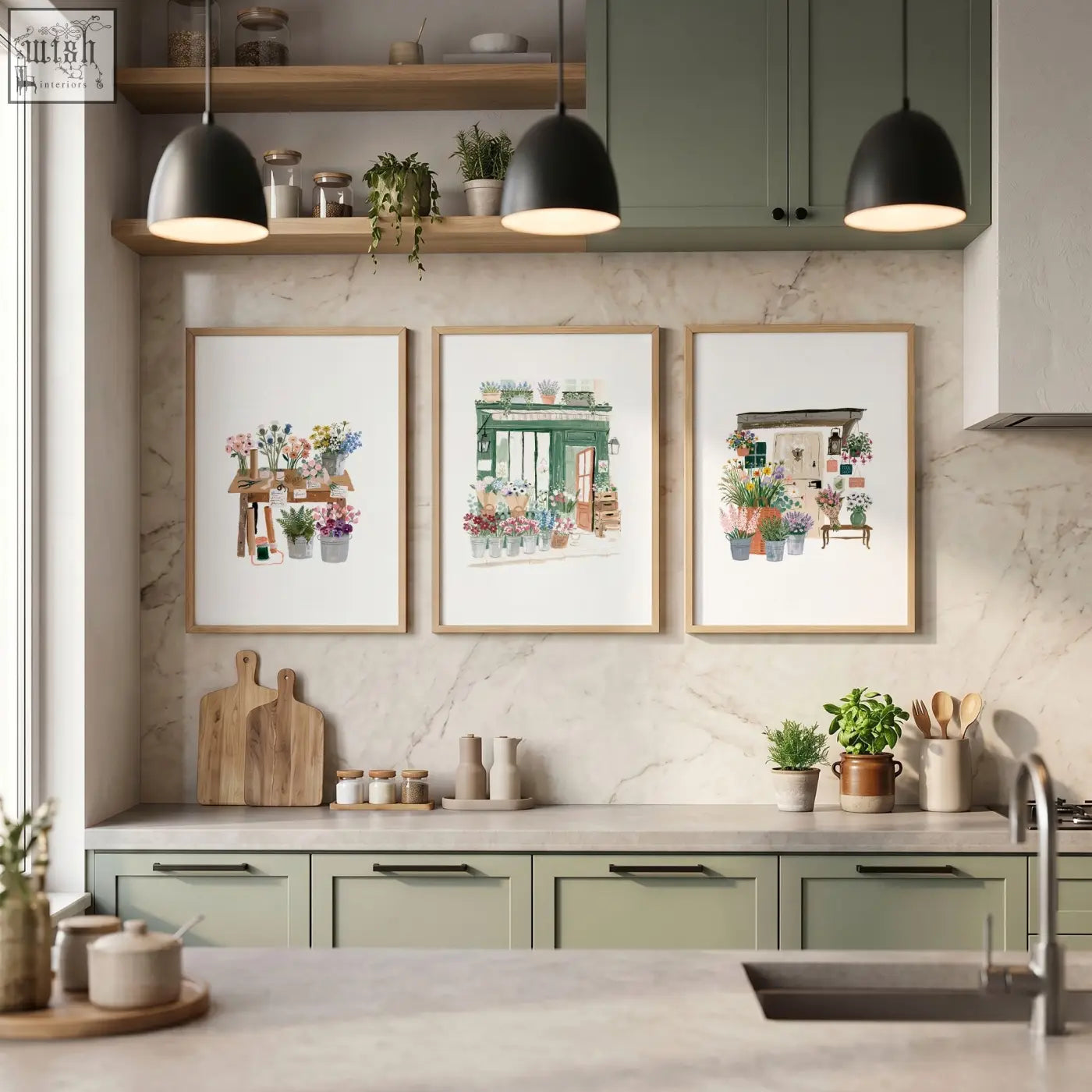 Three framed kitchen prints with watercolor flower shop scenes in light wood frames perfect for country cottage decor