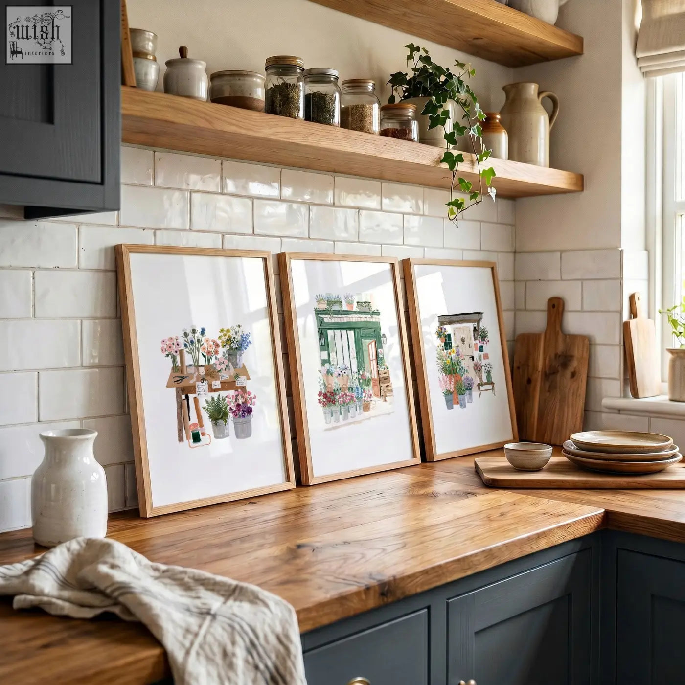 Three framed botanical kitchen prints with light wood frames perfect for a country cottage flower shop wall art set
