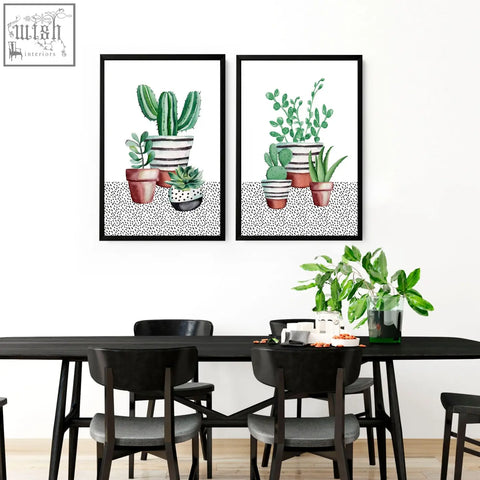 Two framed watercolor kitchen prints featuring succulent plants in colorful pots for succulent plants kitchen decor