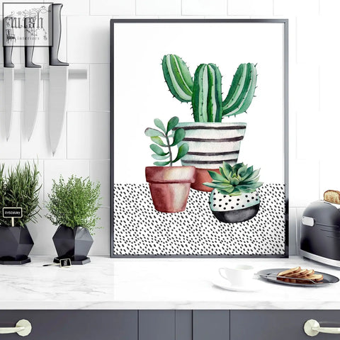 Watercolor kitchen prints featuring a set of 2 succulent plants in patterned pots with sleek black frames