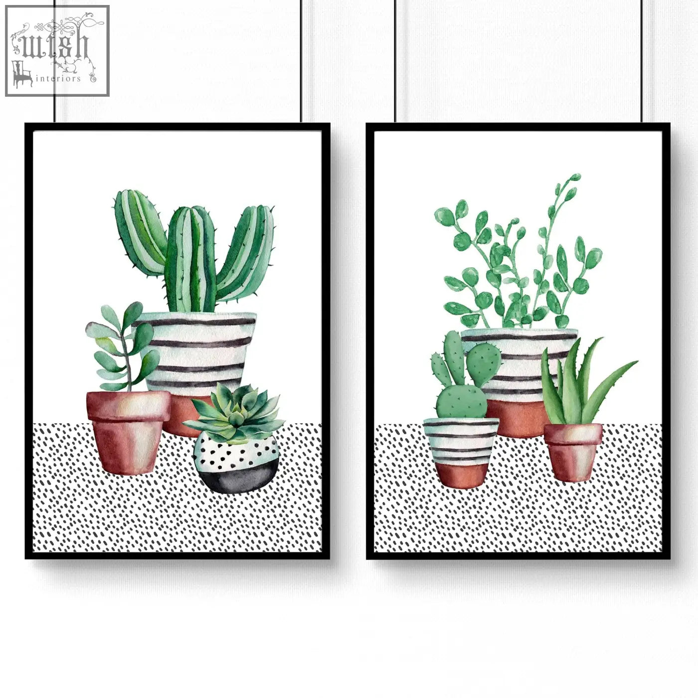 Kitchen prints set of 2 succulent plants wall art featuring watercolor cacti in striped polka-dot and terracotta pots