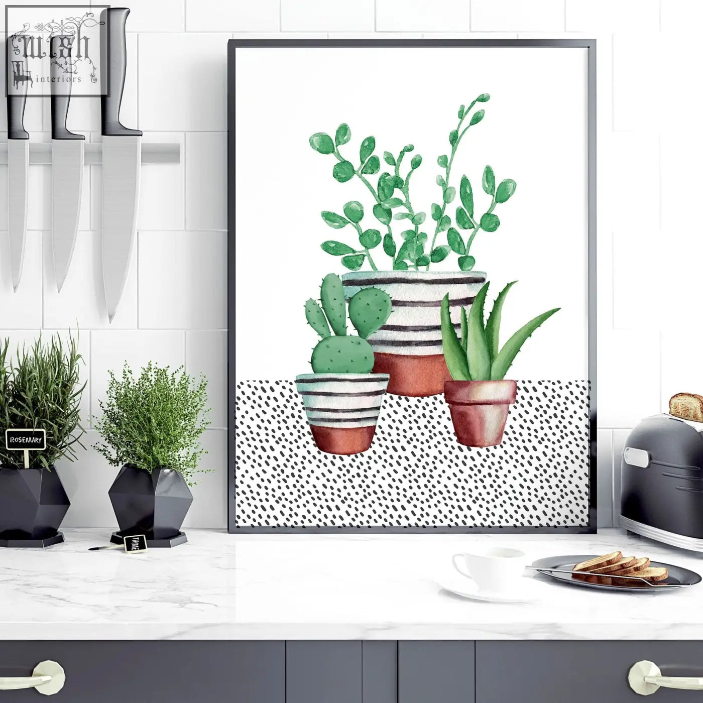 Watercolor kitchen prints set of 2 featuring succulent plants in striped and terracotta pots on black and white background