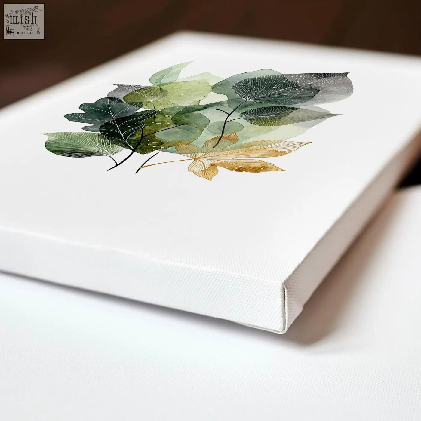 White canvas print kitchen wall artwork with layered botanical design in green and gold tones set of 3