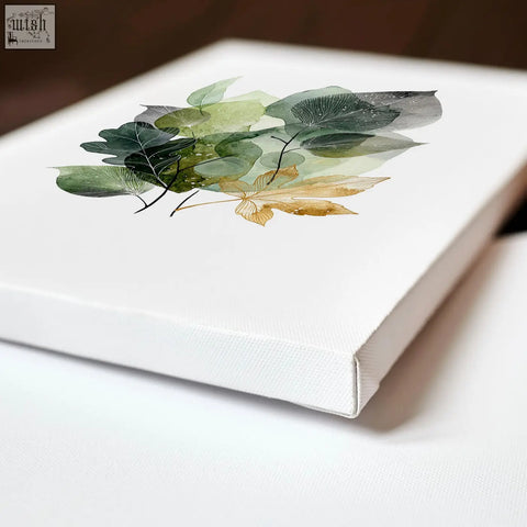 White canvas print kitchen wall artwork with layered botanical design in green and gold tones set of 3