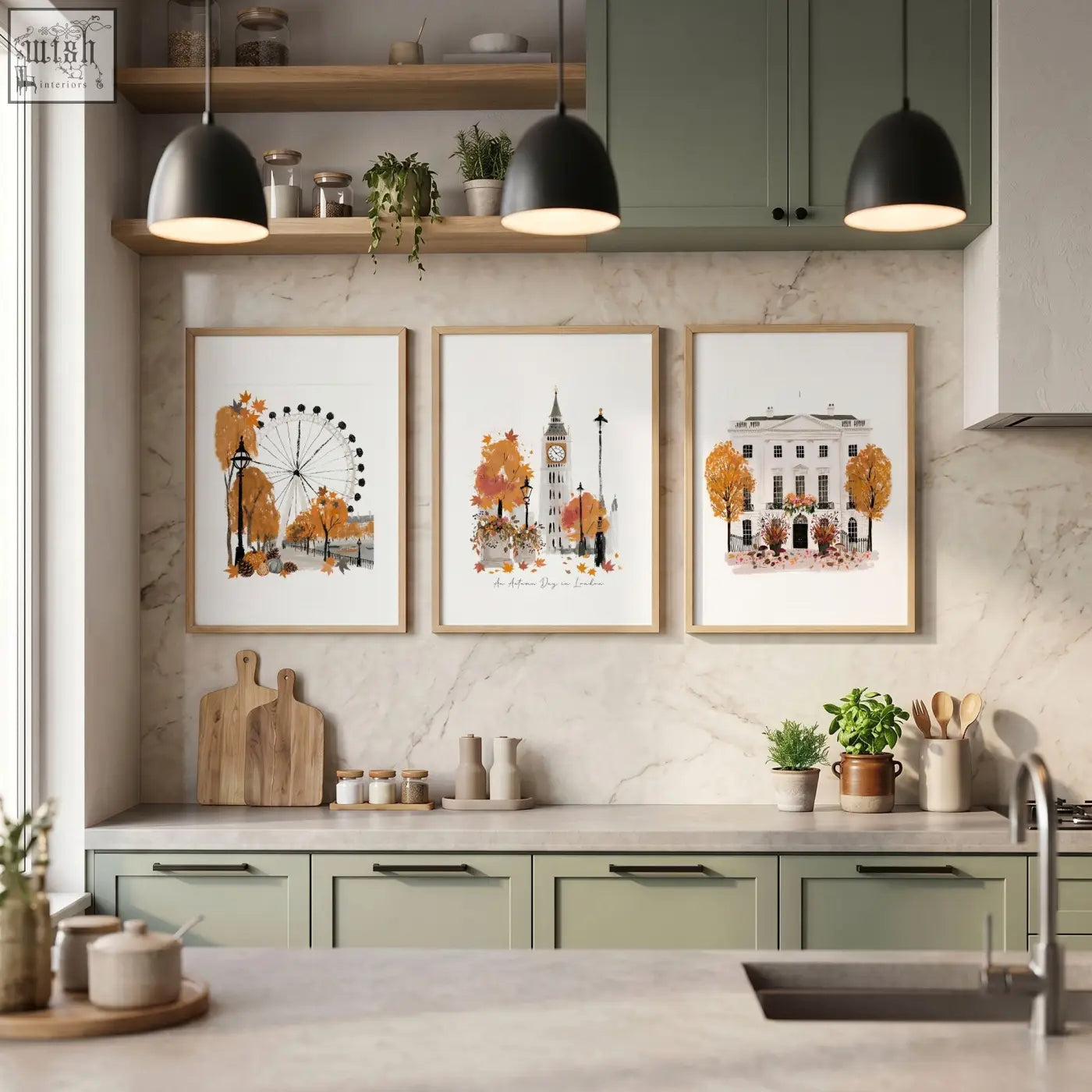 Three framed autumnal london landmark travel art prints in light wood frames perfect for kitchen wall decor