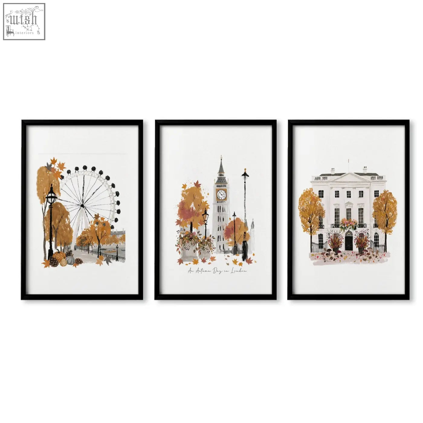 Set of three framed autumn london travel art prints with black frames and white matting for kitchen wall decor