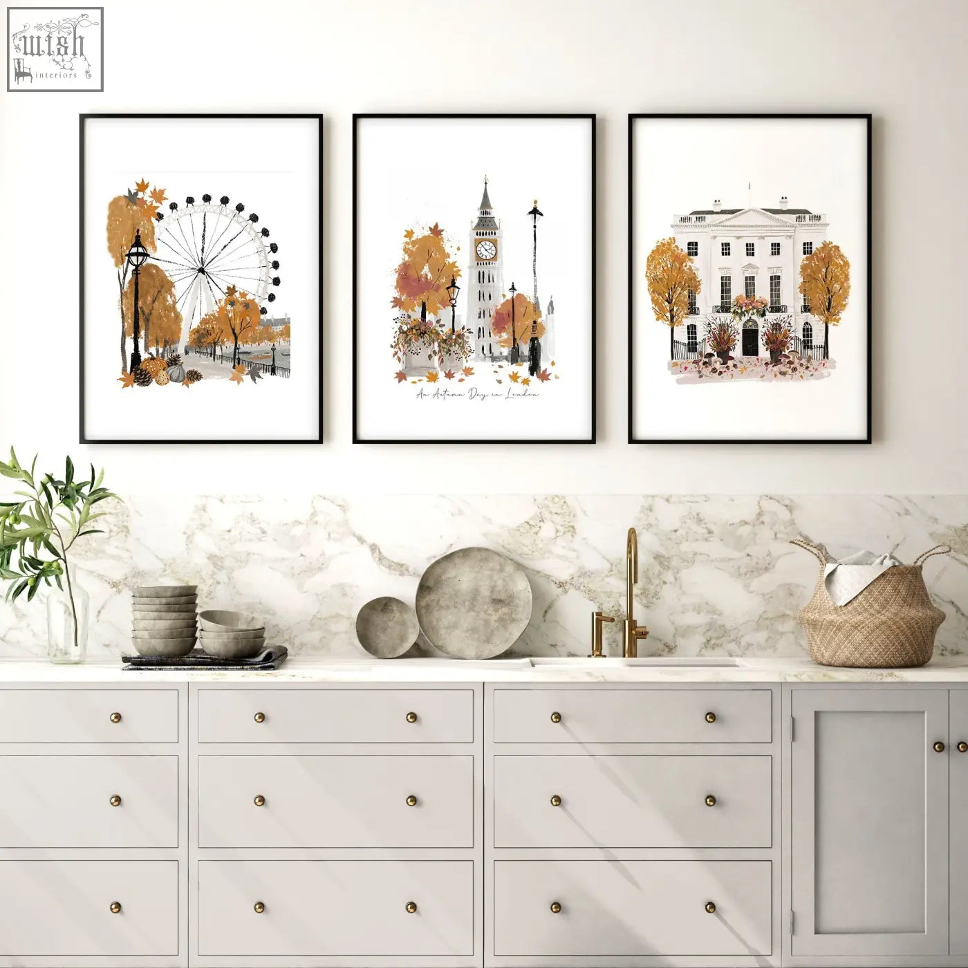 Three black framed watercolor travel art prints of autumn london landmarks perfect for kitchen wall decor