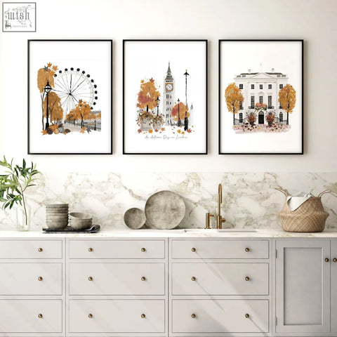 Three black framed watercolor travel art prints of autumn london landmarks perfect for kitchen wall decor