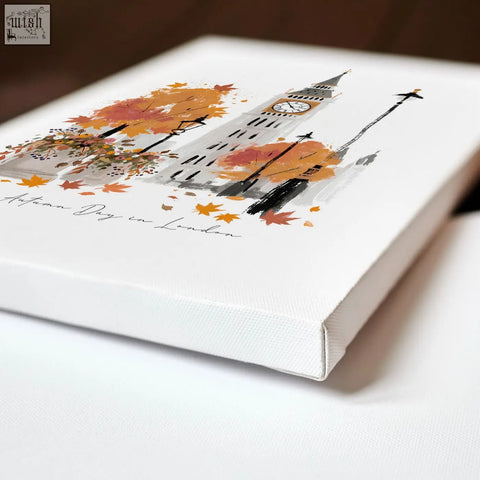 White canvas print of autumn trees and big ben in orange yellow and black for kitchen wall decor travel art prints