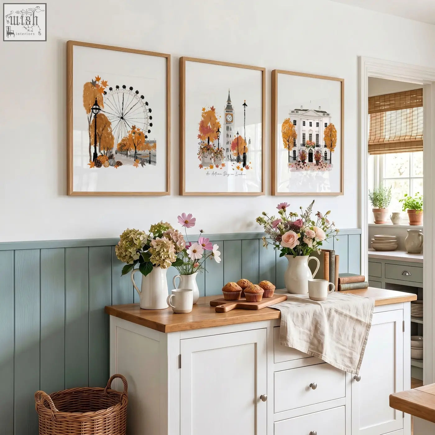 Three framed autumnal london travel art prints in light wood perfect for kitchen wall decor and kitchen wall use