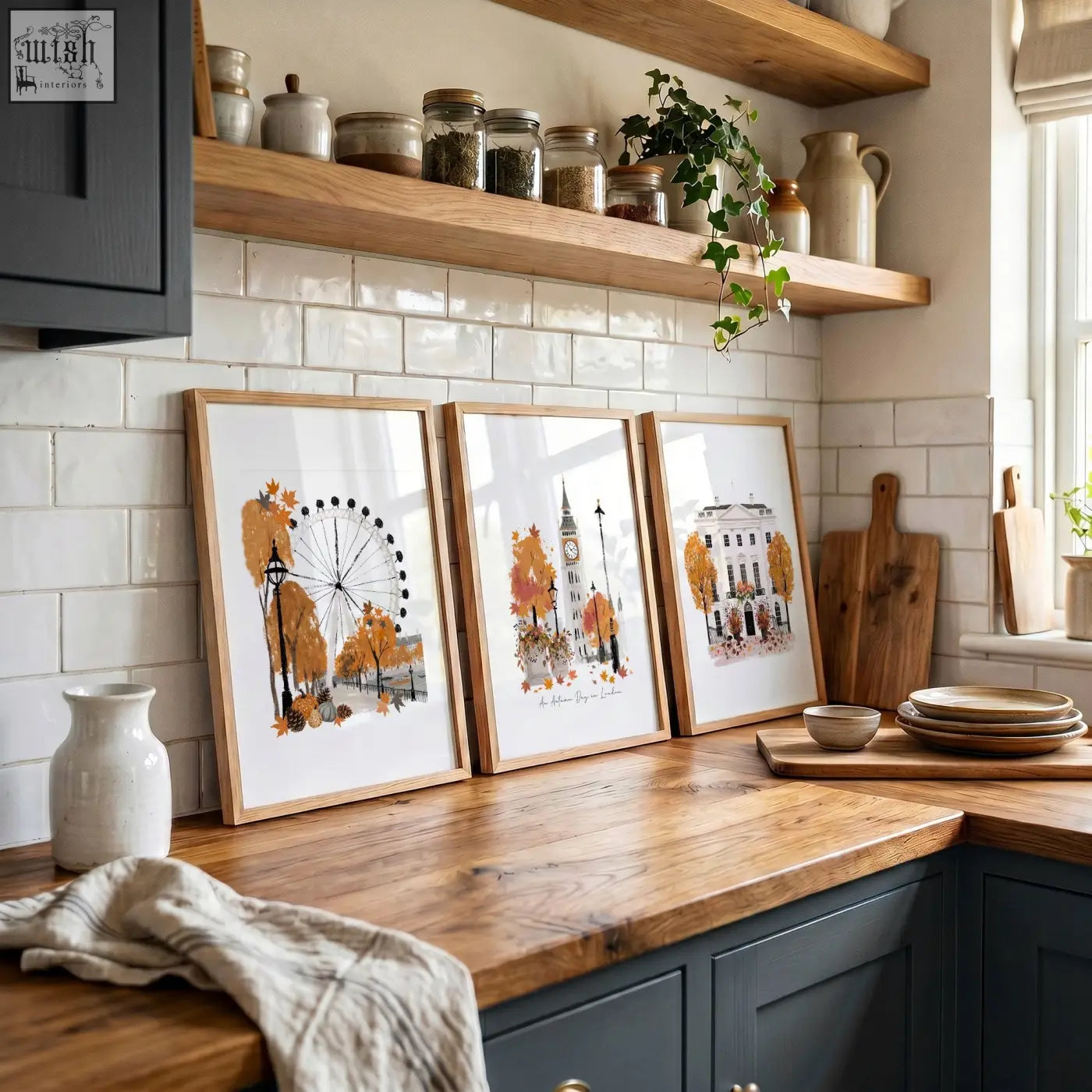 Three framed autumnal london travel art prints in light wood for stylish kitchen wall decor and travel wall art
