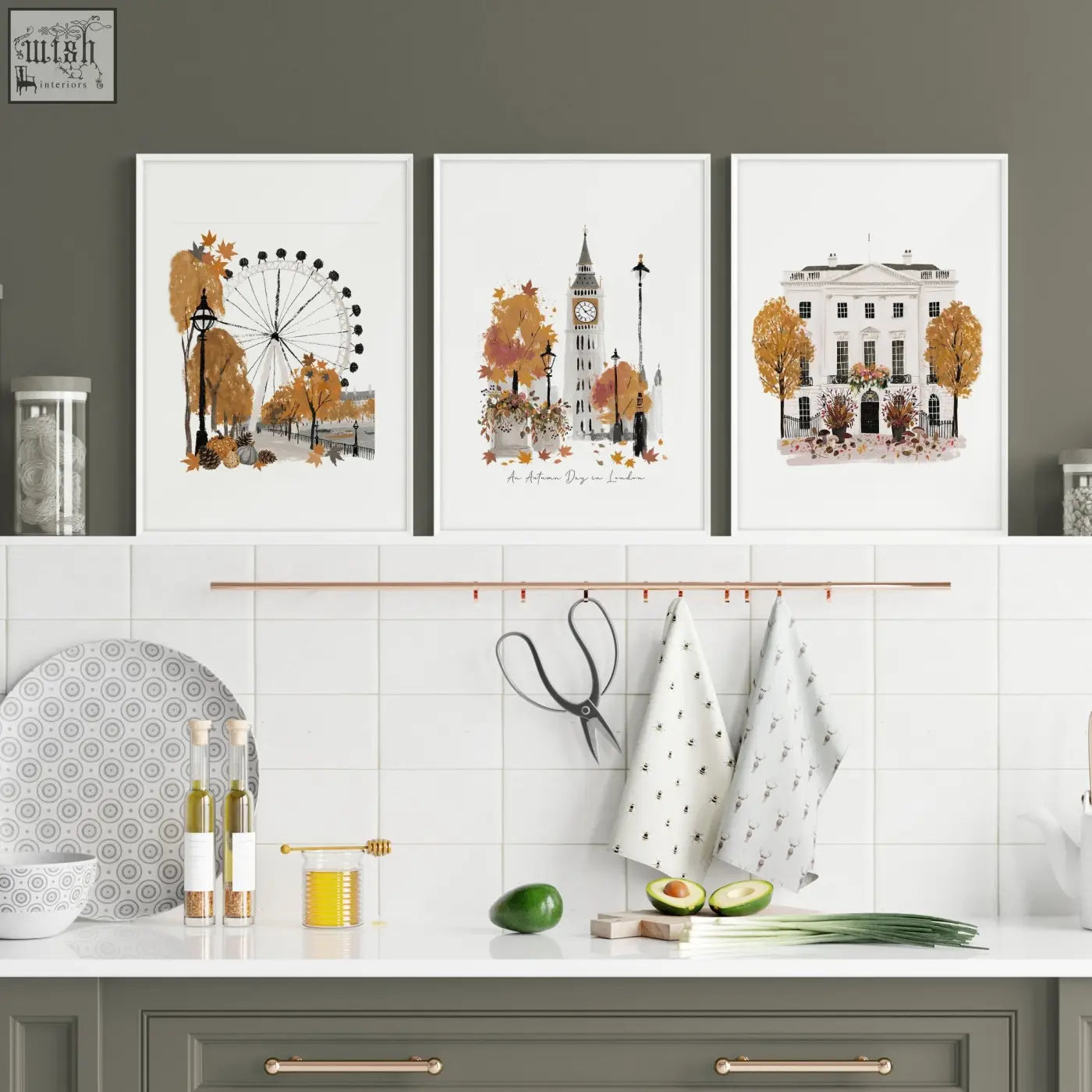 Three framed autumn london travel art prints featuring ferris wheel big ben and white house for kitchen wall decor