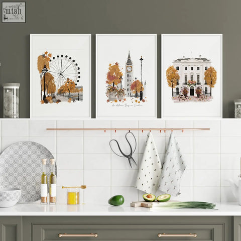 Three framed autumn london travel art prints featuring ferris wheel big ben and white house for kitchen wall decor