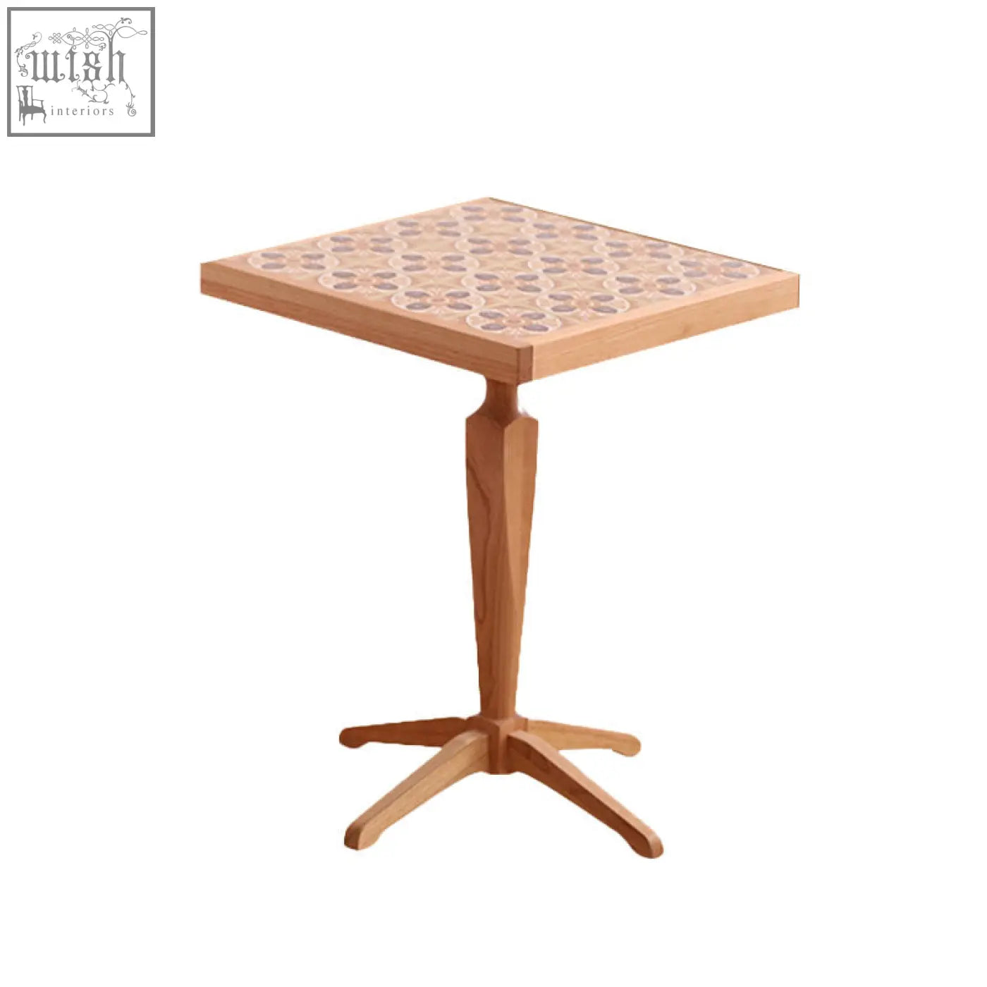 Kitty side table with a cherry wood pedestal base and beige brown mosaic tile top featuring circular patterns