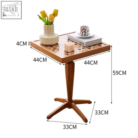 Wooden kitty side table with cherry wood pedestal base and mosaic tile top perfect for any room