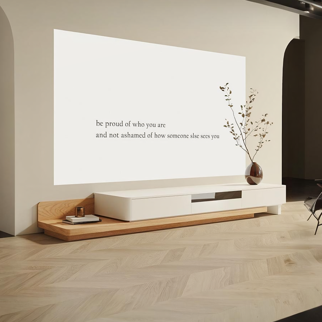 Minimalist white kizzy tv stand with sleek modern design and light oak wood accents for stylish media storage
