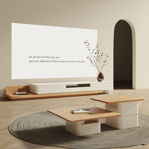Minimalist kizzy tv stand in oak with white and wood geometric layered coffee table design