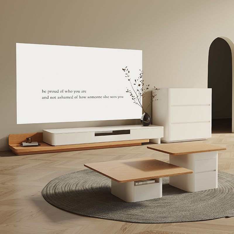 Minimalist kizzy tv stand in oak with white and wood tones and integrated storage compartments