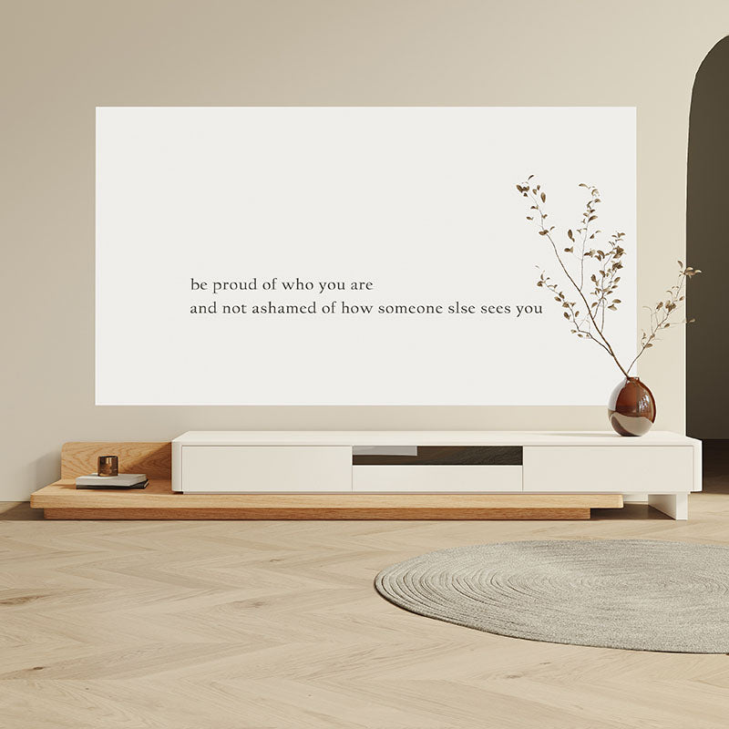 White minimalist kizzy tv stand with wooden oak accents and modern sleek design for stylish living rooms