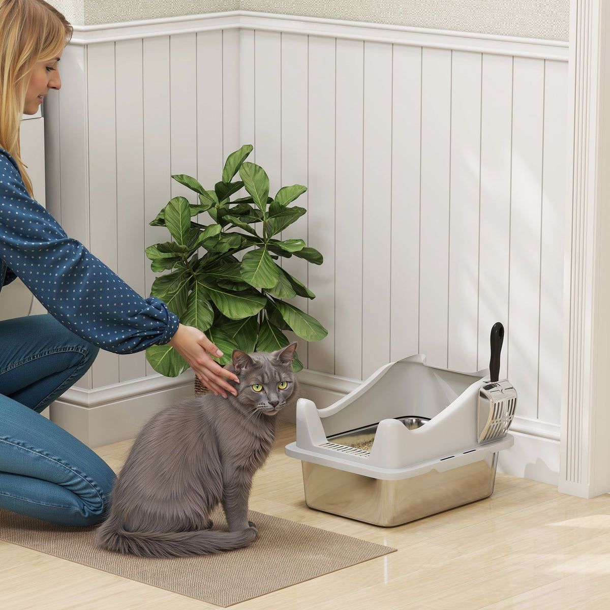 PawHut Stainless Steel Cat Litter Box with High Sides, Scoop, 43 x 33 x 25 cm