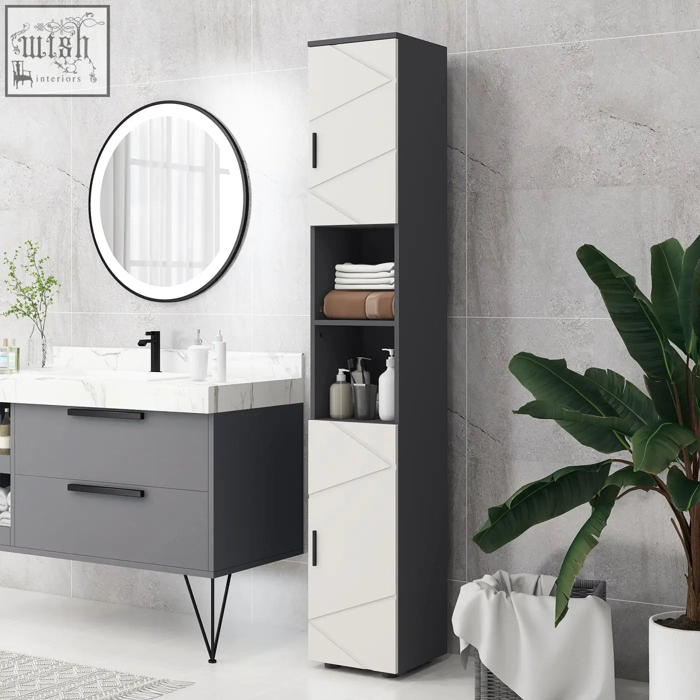 Modern kleankin 183cm tall bathroom storage cabinet in white and dark gray with geometric paneling and black handles