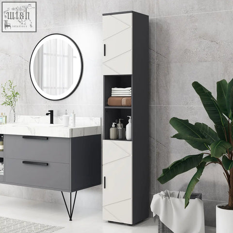Modern kleankin 183cm tall bathroom storage cabinet in white and dark gray with geometric paneling and black handles