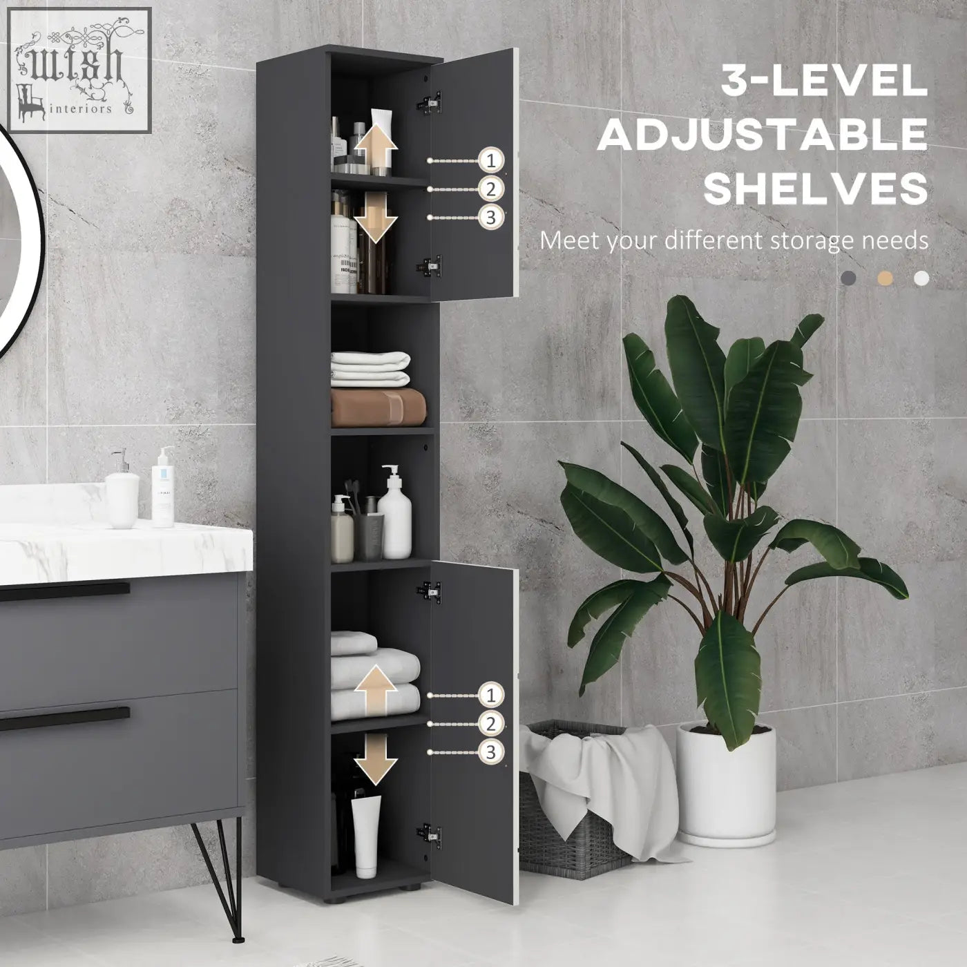 Black tall bathroom storage cabinet with adjustable shelves and soft close doors for narrow spaces by kleankin