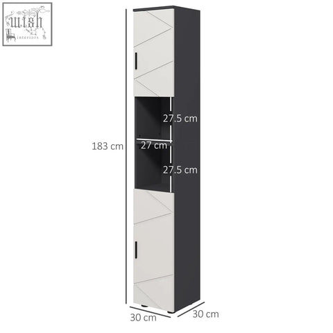 Modern kleankin 183cm tall grey bathroom storage cabinet with black and white geometric doors and open shelf