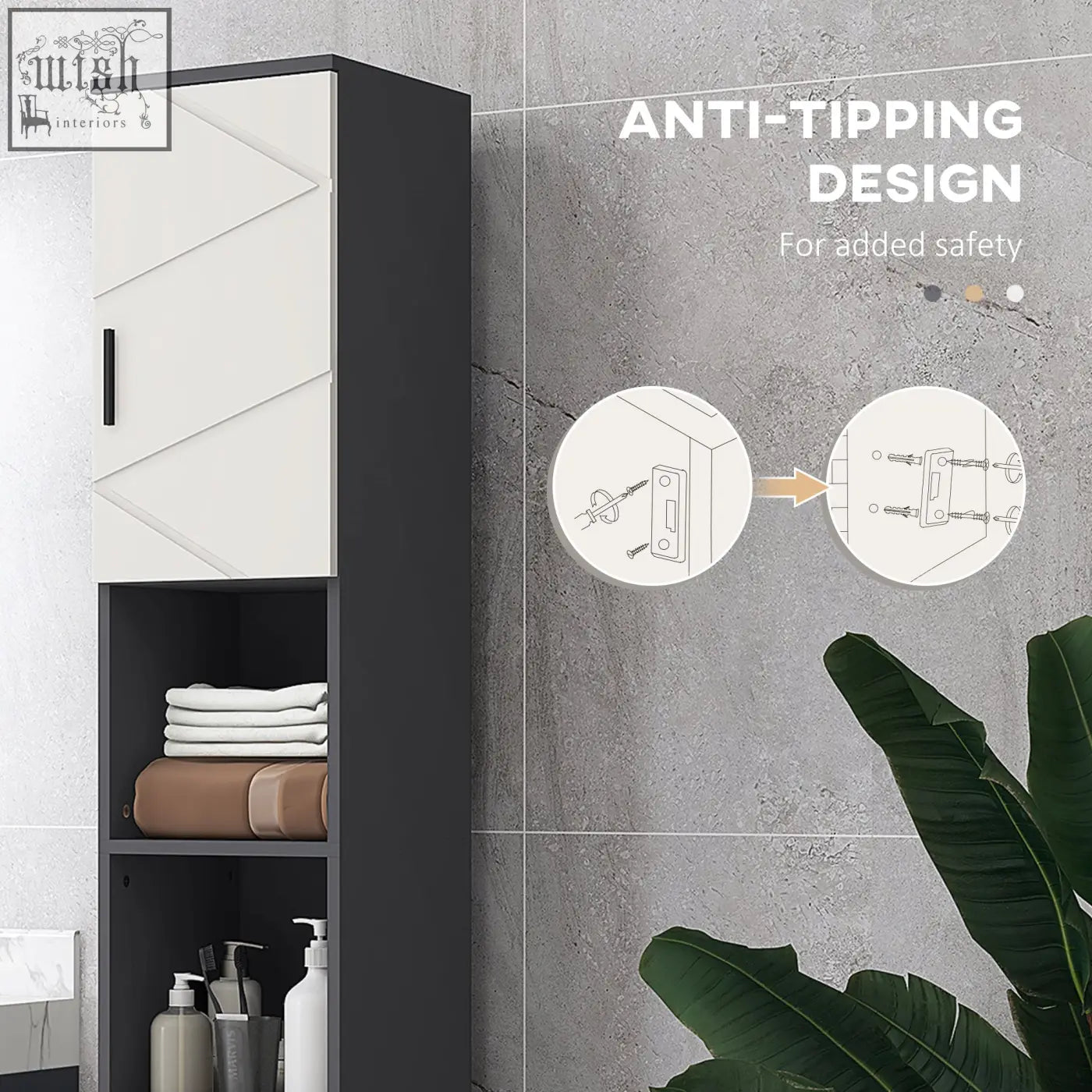 Modern kleankin 183cm tall grey bathroom storage cabinet with black frame white geometric door and open shelves below