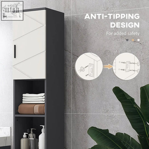Modern kleankin 183cm tall grey bathroom storage cabinet with black frame white geometric door and open shelves below