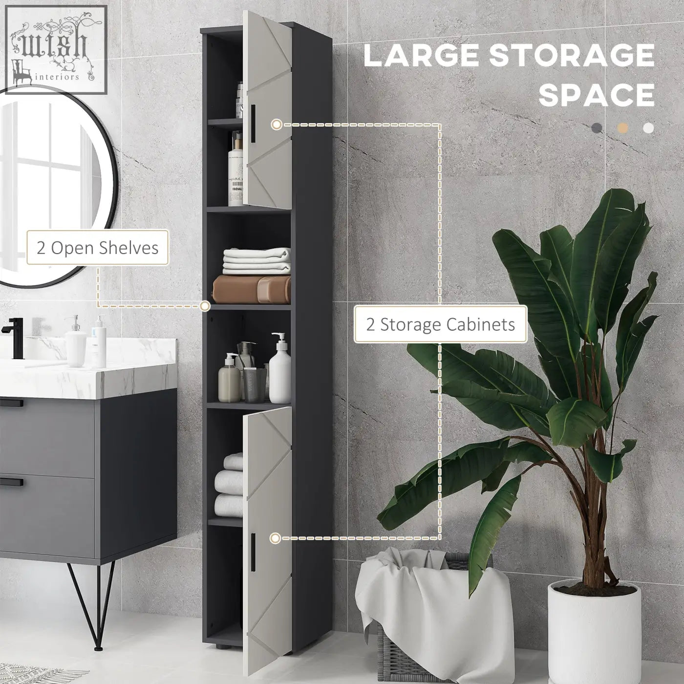 Modern gray bathroom storage cabinet with geometric door panels two open shelves and soft close doors