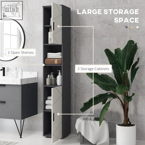Modern gray bathroom storage cabinet with geometric door panels two open shelves and soft close doors