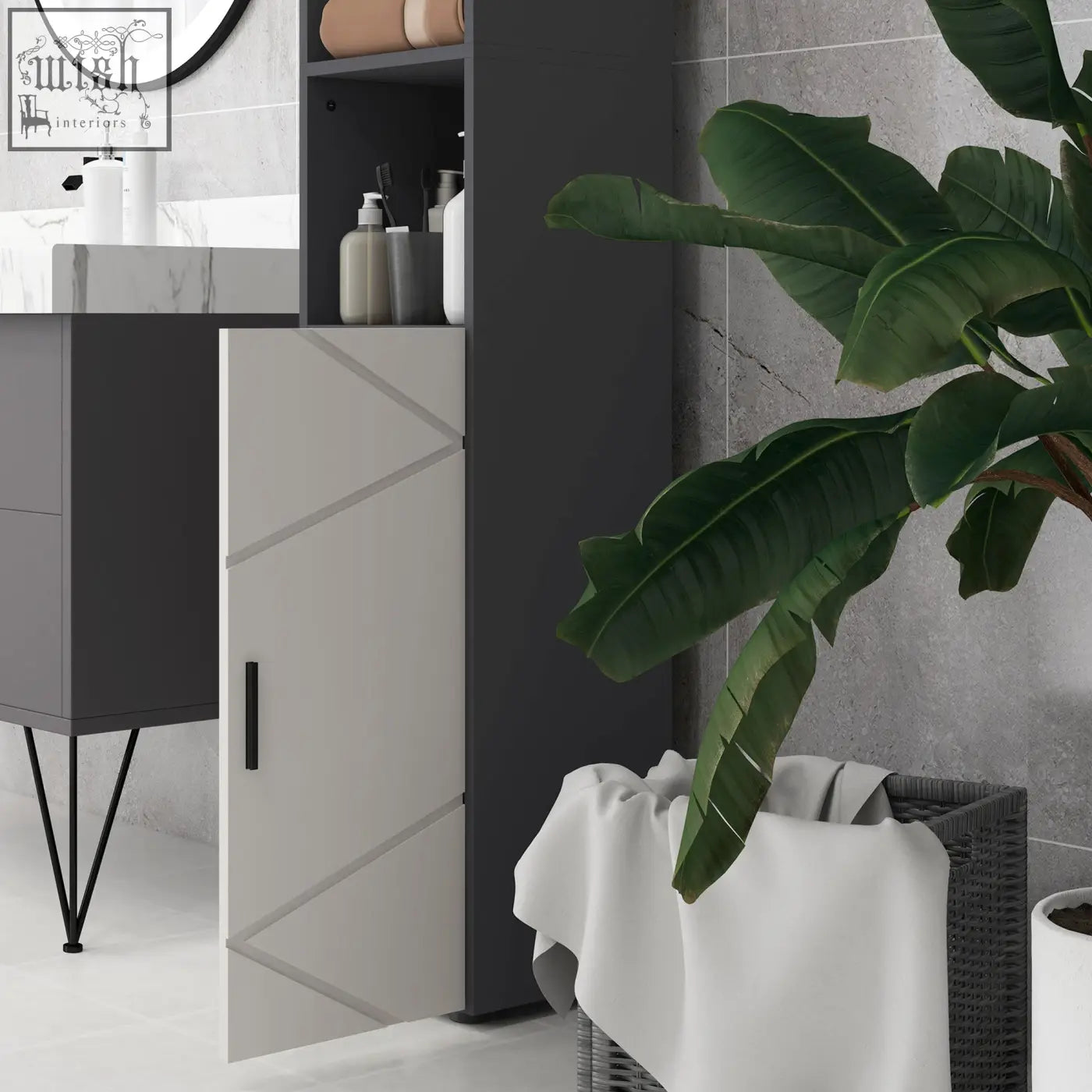 Modern gray bathroom storage cabinet with geometric paneling black hairpin legs and soft close doors