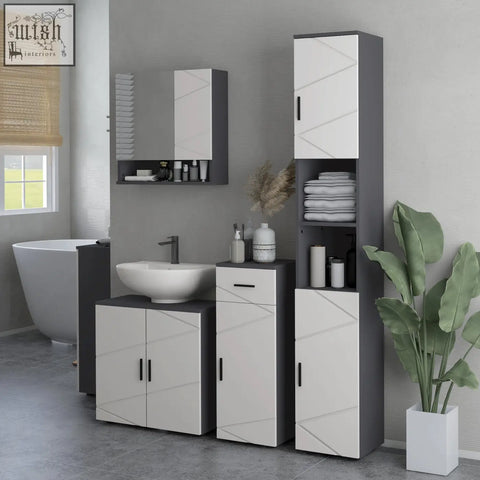 Modern kleankin 183cm tall bathroom storage cabinet with two-tone white and grey geometric panels and soft close doors
